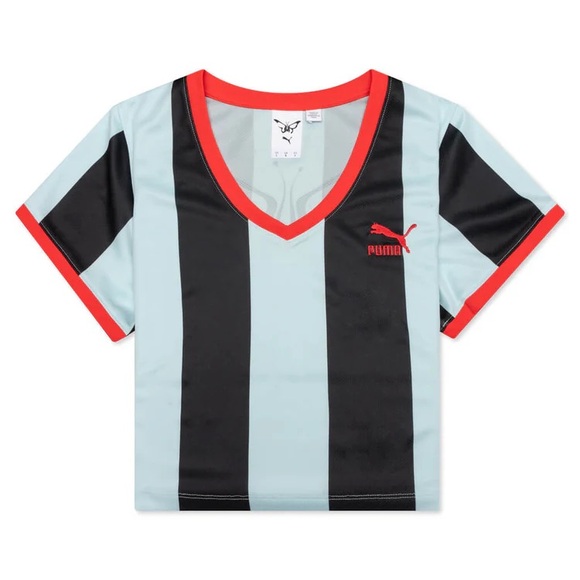 PUMA X DUA LIPA Striped Slim Tee- Cropped Blue Football Jersey Top - Picture 1 of 10
